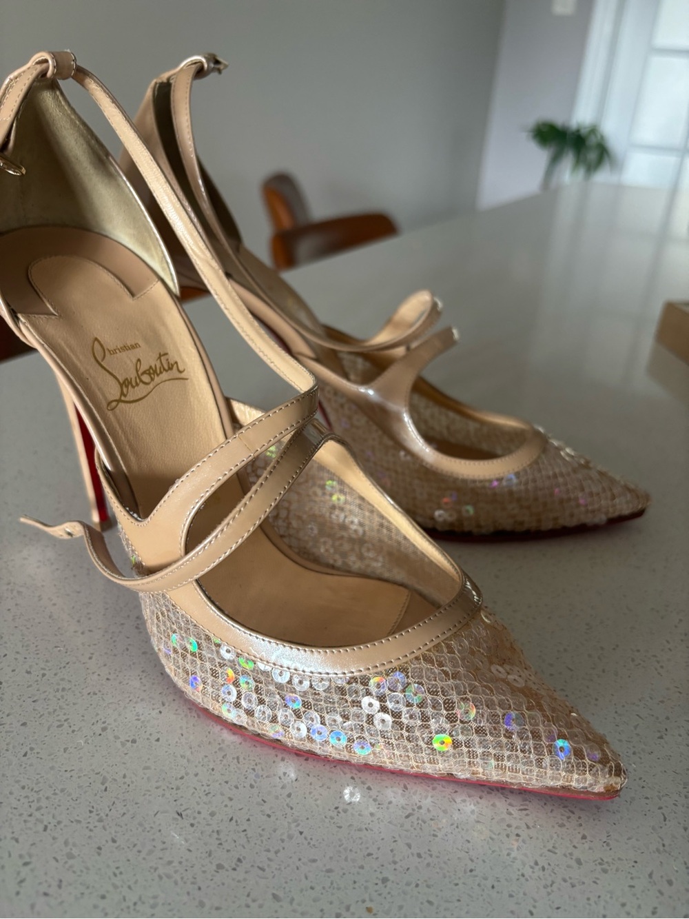 Gorgeous Christian Louboutin Nude Sequin Pointed-Toe Strappy Stilettos